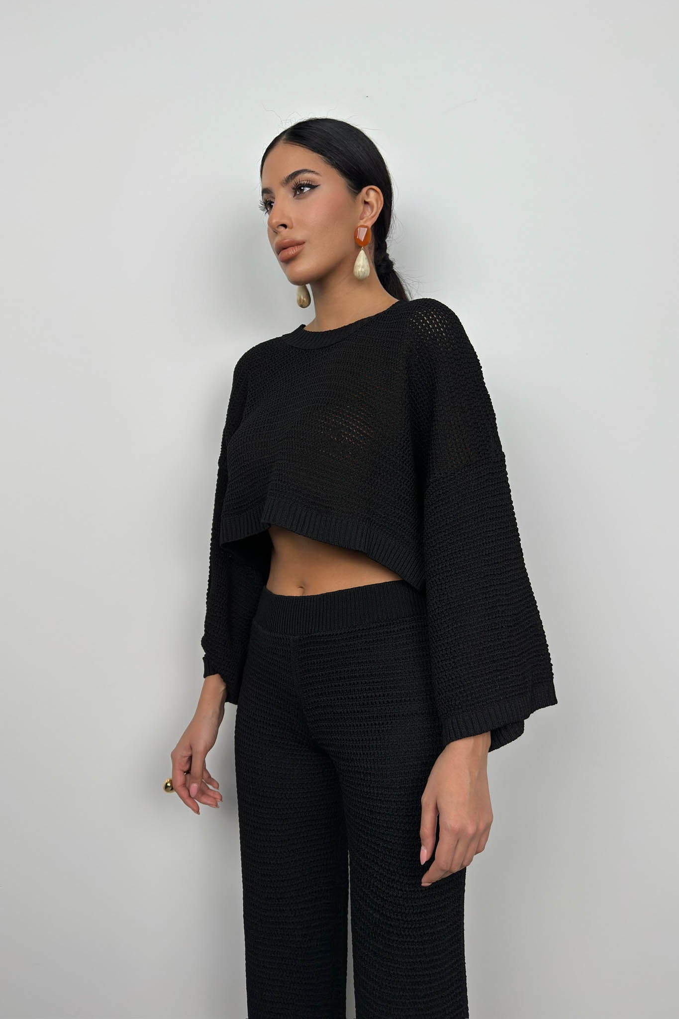 Oversize Knitted Blouse Black Trousers Set