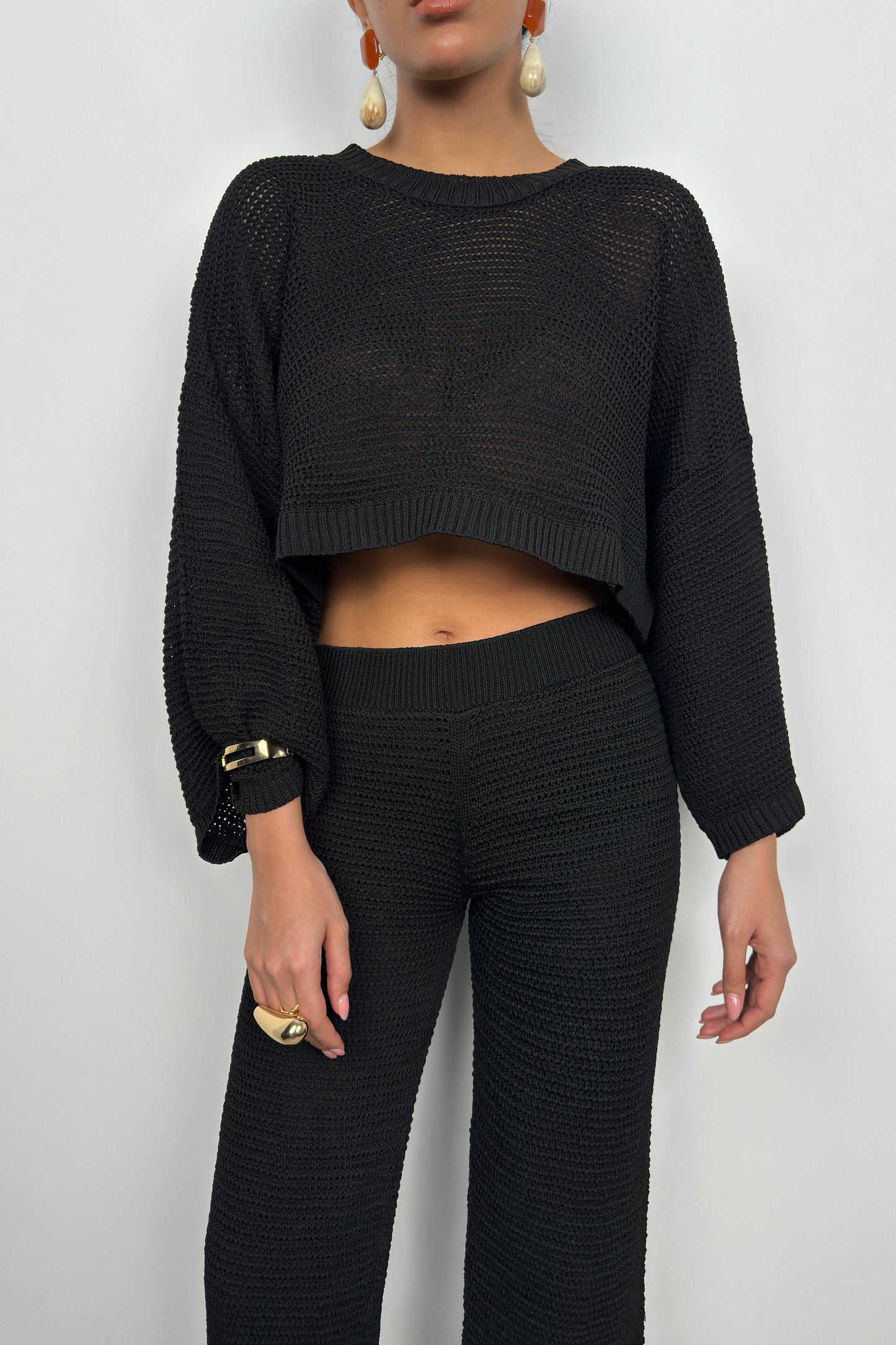 Oversize Knitted Blouse Black Trousers Set