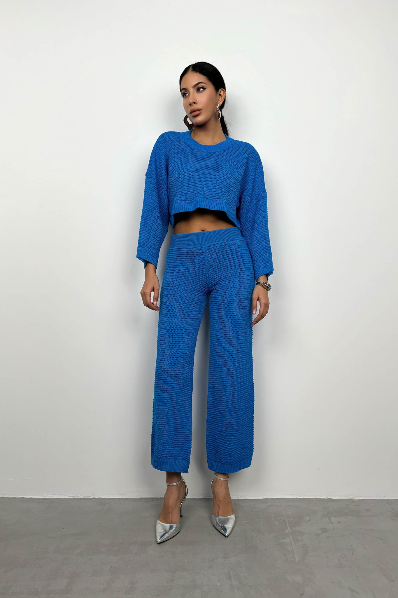 Oversize Knitted Blouse Blue Trousers Set 