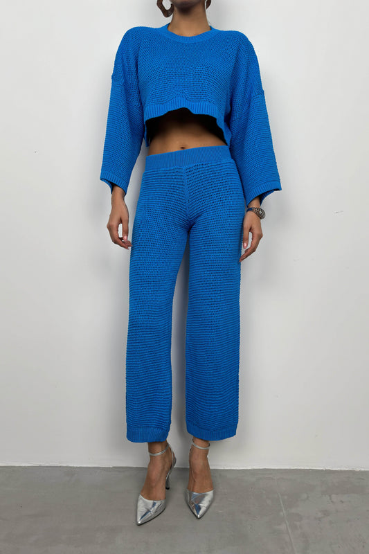 Oversize Knitted Blouse Blue Trousers Set 