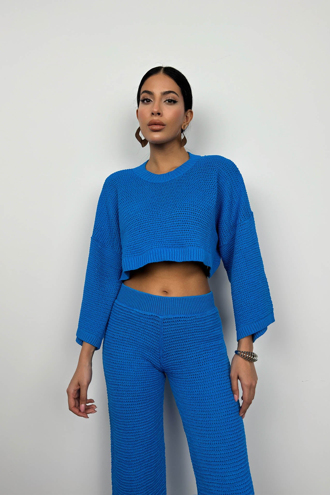 Oversize Knitted Blouse Blue Trousers Set 