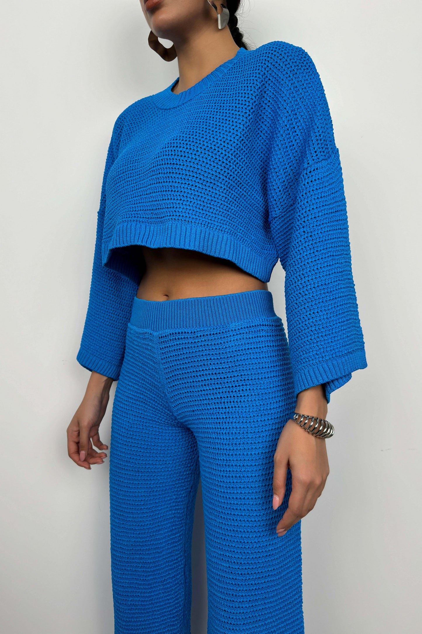 Oversize Knitted Blouse Blue Trousers Set 