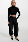 Paça Lastik Detay Siyah Pileli Pantolon