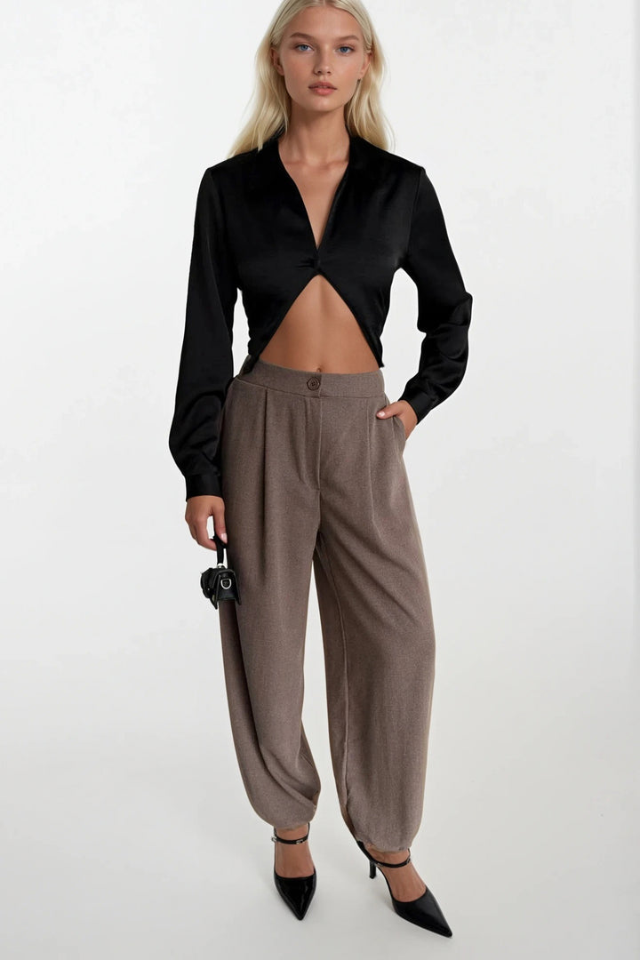 Paça Lastik Detay Vizon Pileli Pantolon