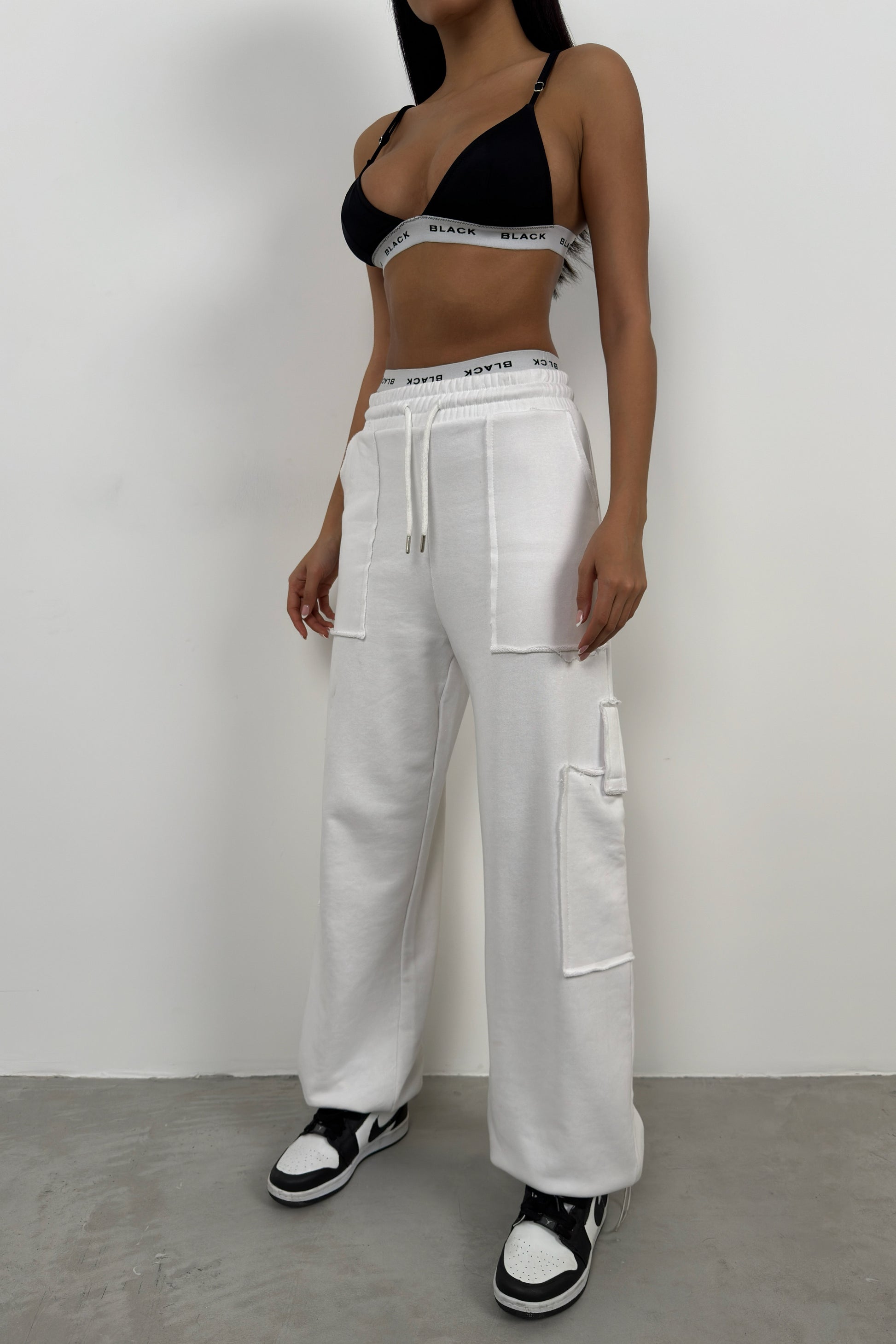 White Sweatpants with Elastic Leg Cargo Pocket