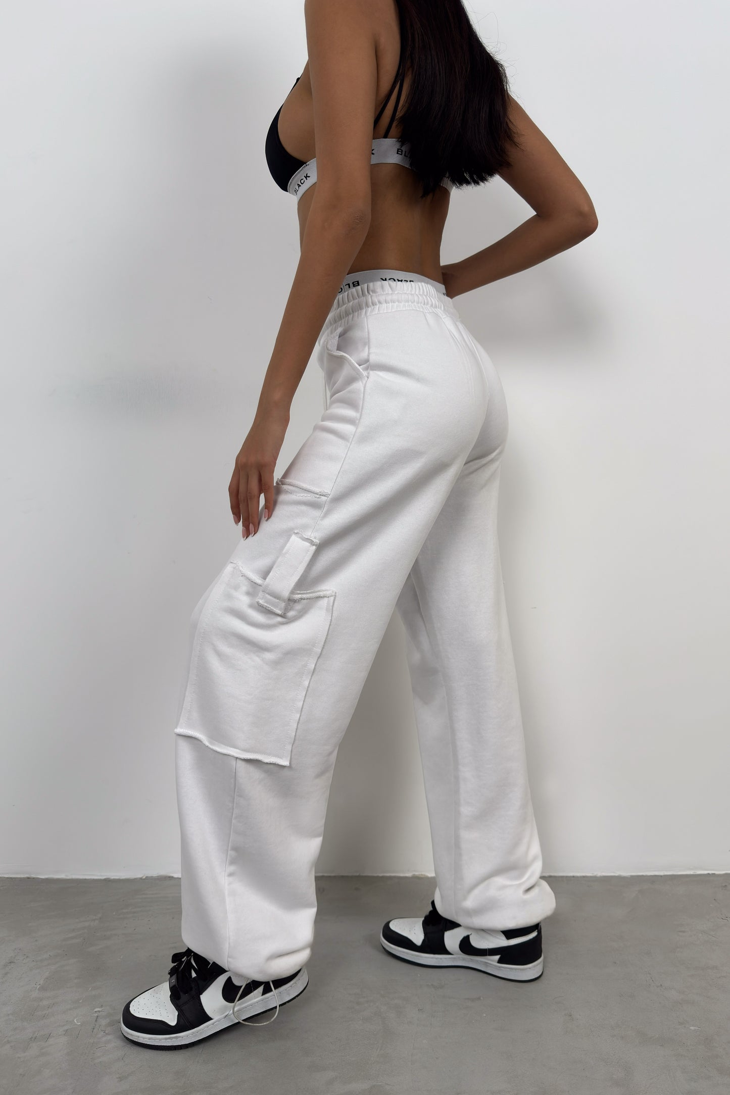 White Sweatpants with Elastic Leg Cargo Pocket