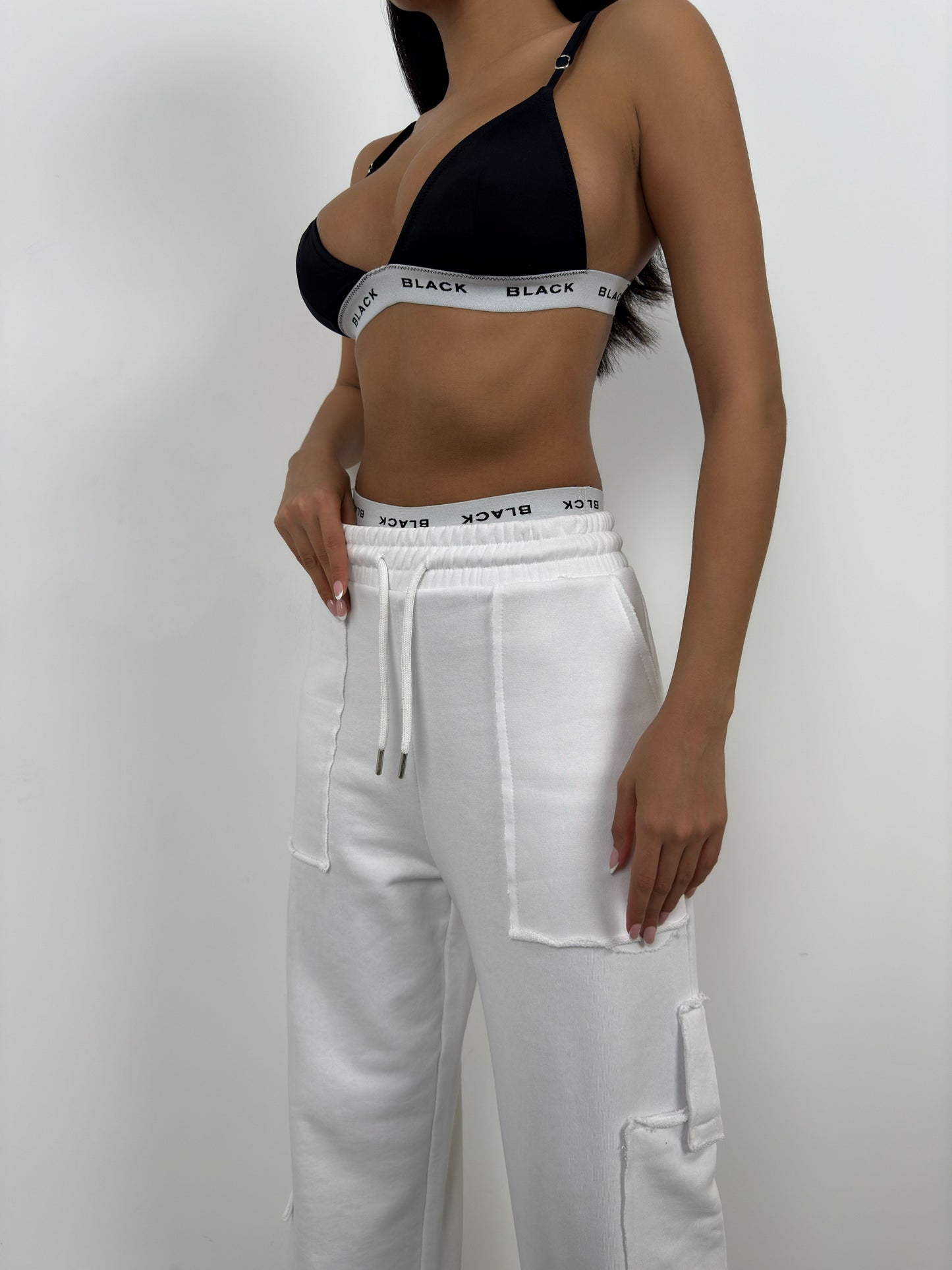 White Sweatpants with Elastic Leg Cargo Pocket