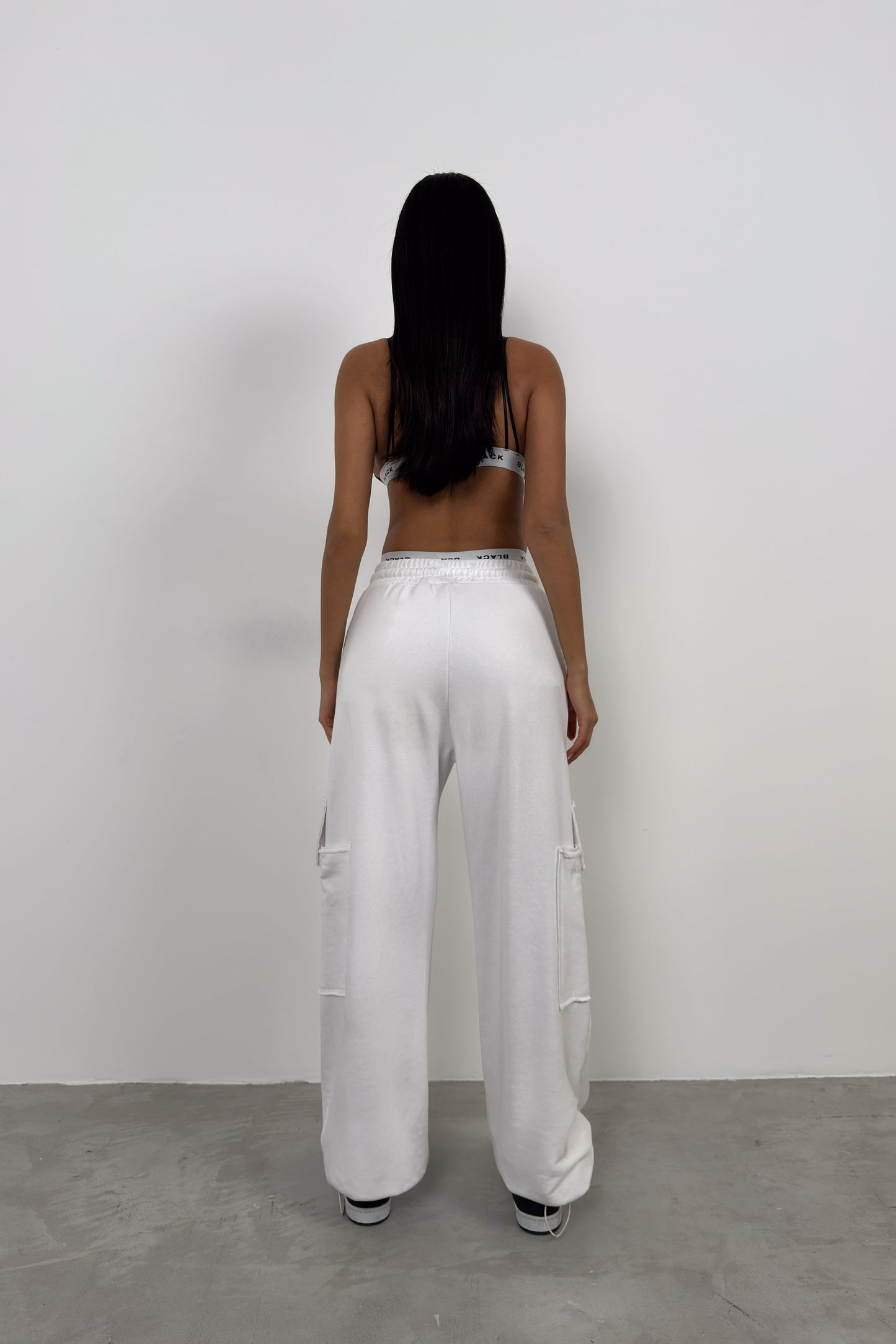 White Sweatpants with Elastic Leg Cargo Pocket