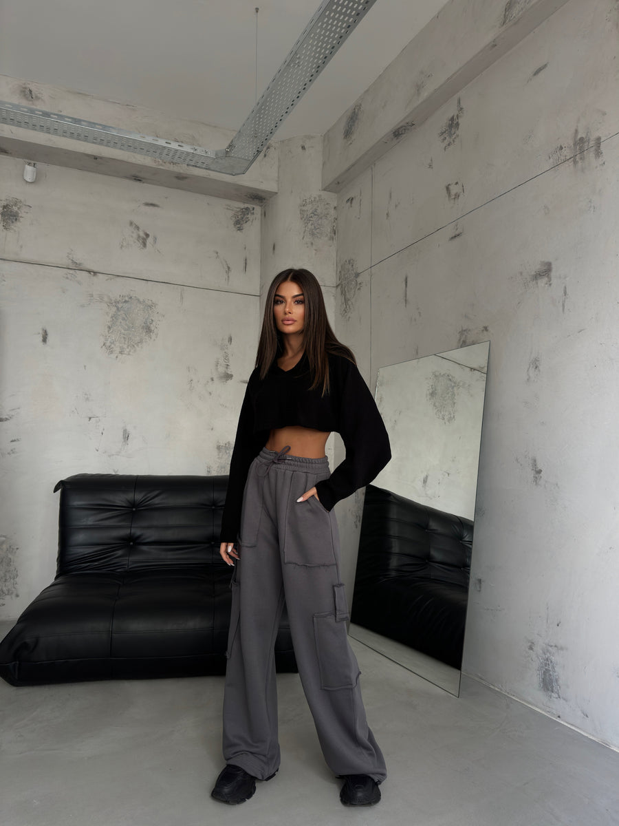 Elastic Leg Cargo Pocket Grey Sweatpants 