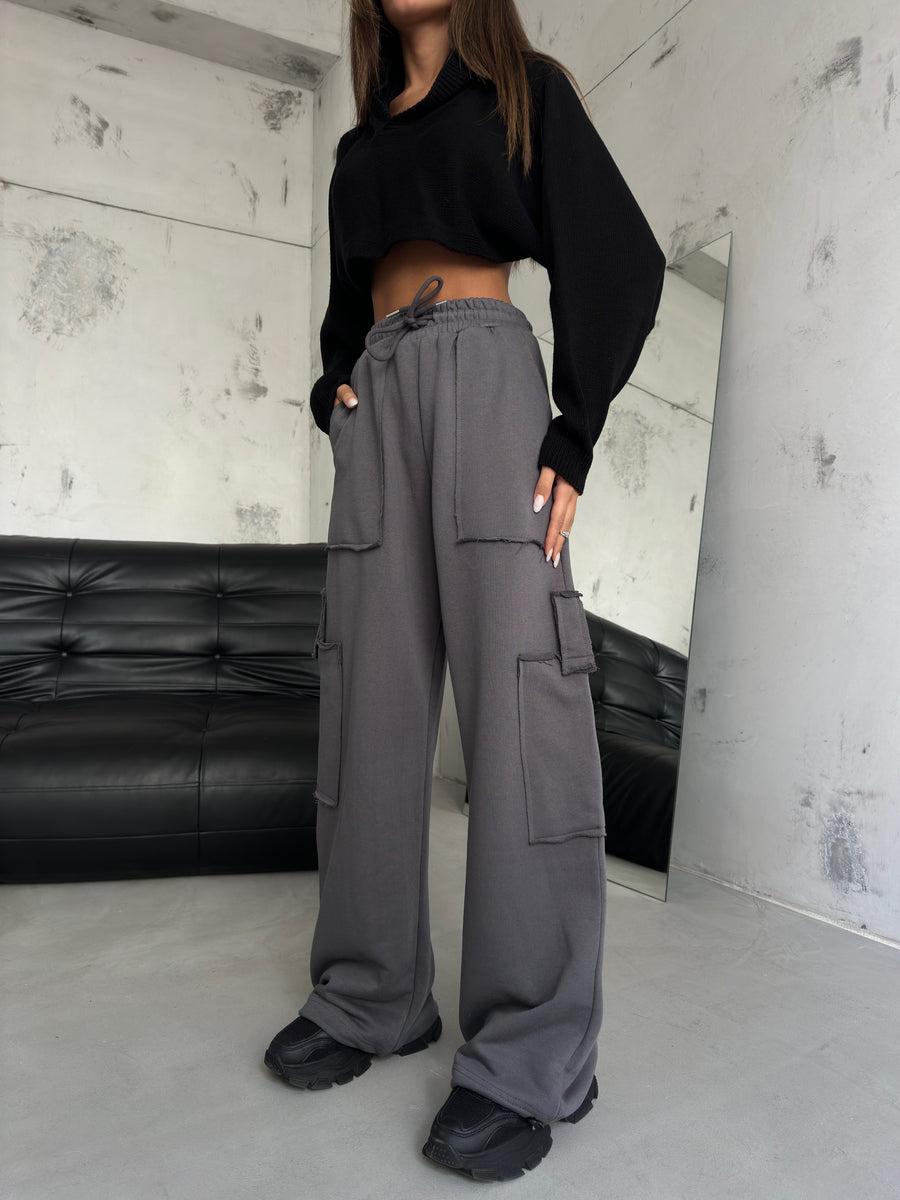 Elastic Leg Cargo Pocket Grey Sweatpants 