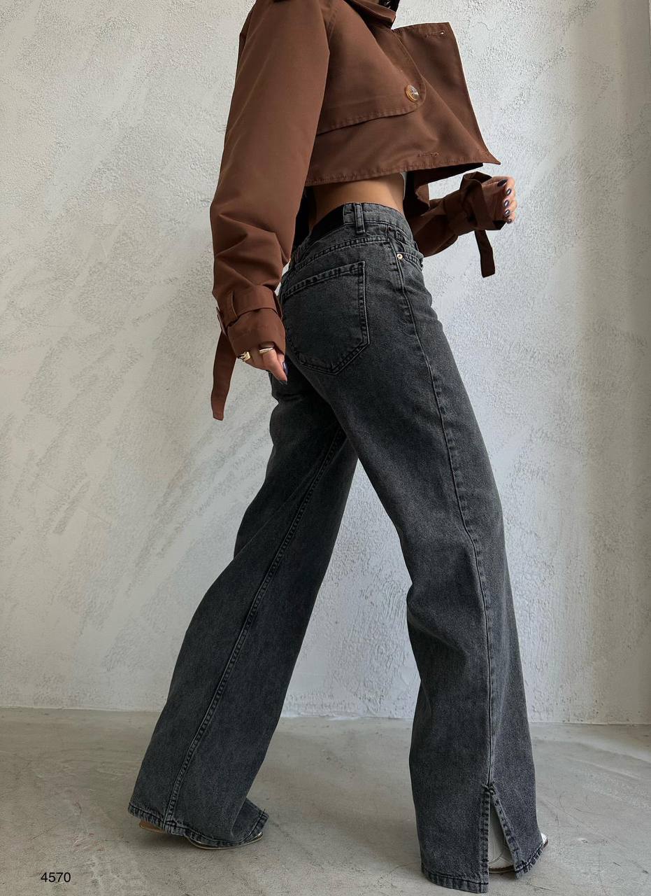 Asymmetrical Belt Detail Gray Jeans with Leg Slits 