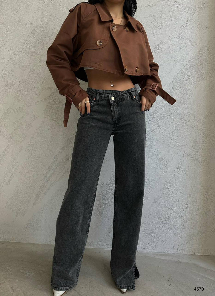 Asymmetrical Belt Detail Gray Jeans with Leg Slits 