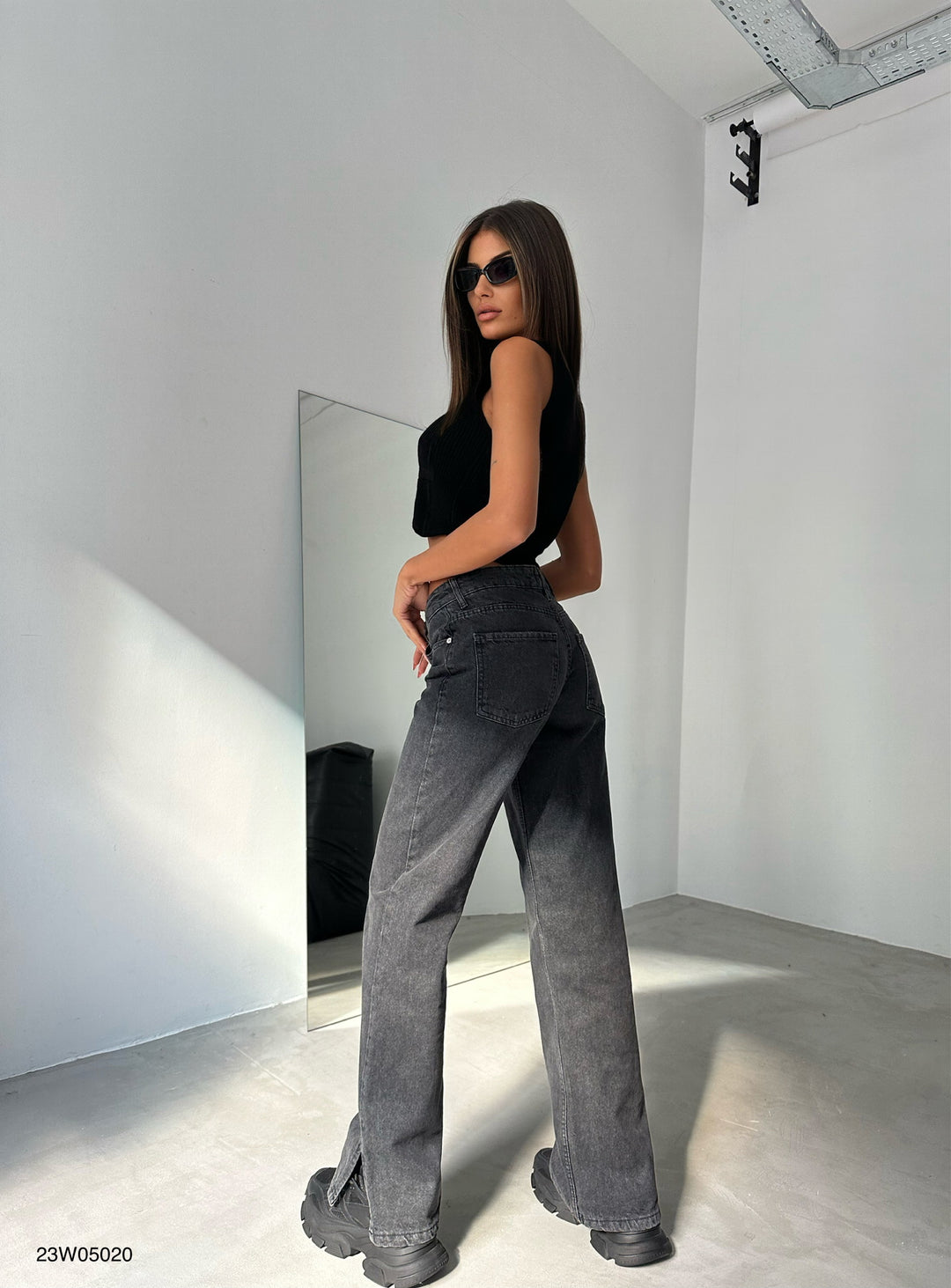 Asymmetrical Belt Detail Gray Jeans with Leg Slits 