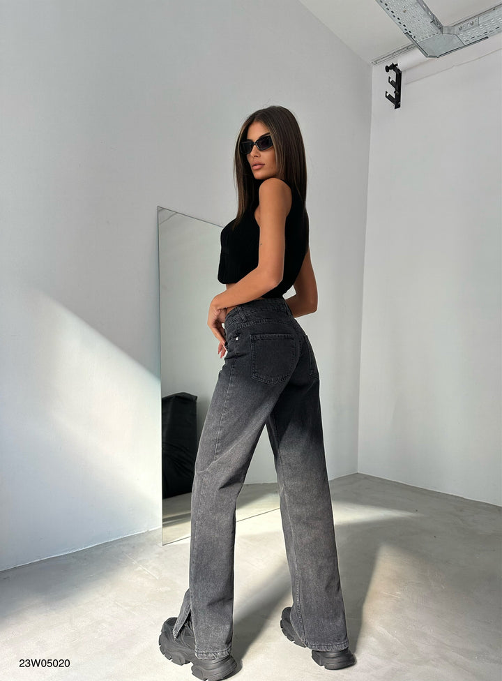 Asymmetrical Belt Detail Gray Jeans with Leg Slits 