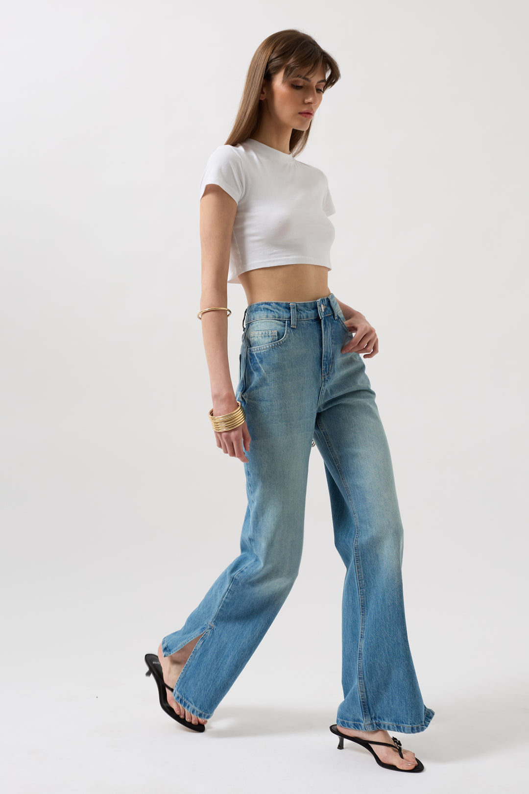High Waist Blue Jeans with Leg Slits 
