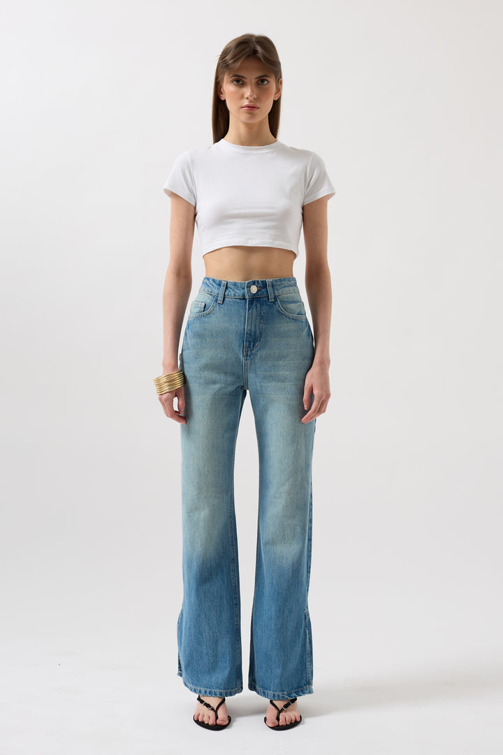 High Waist Blue Jeans with Leg Slits 