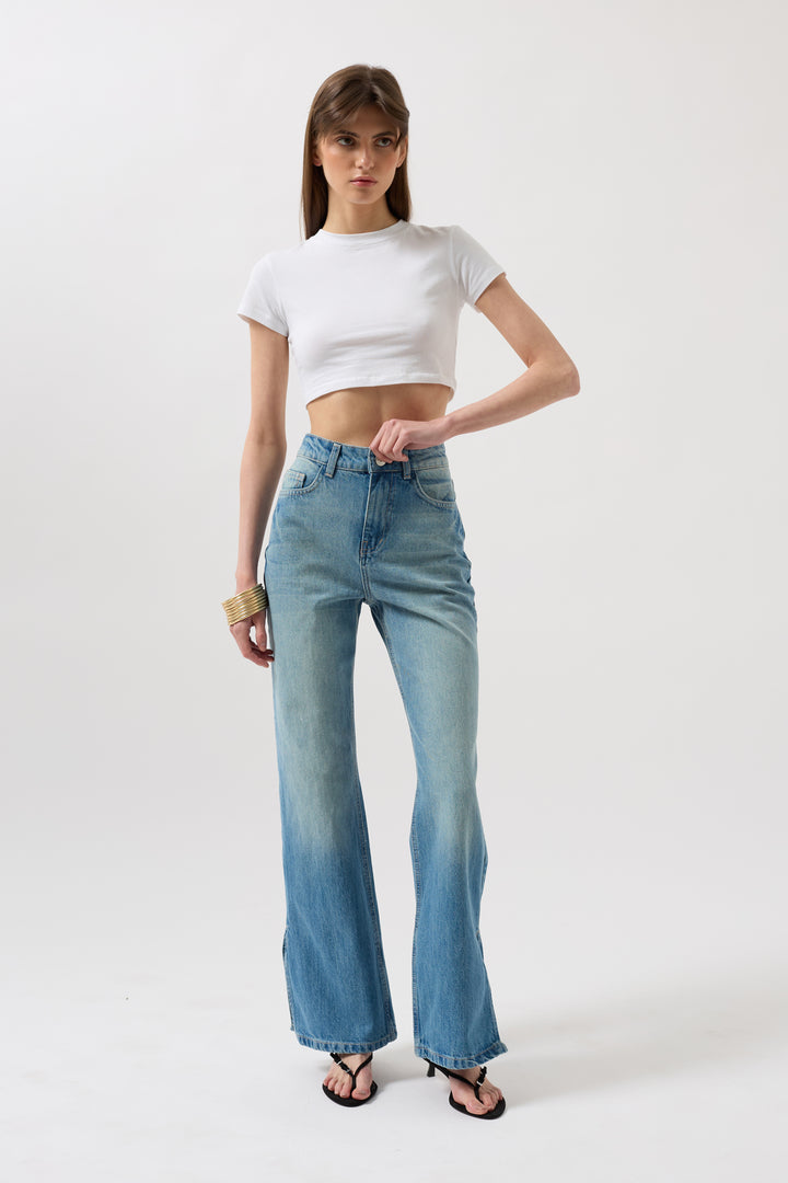High Waist Blue Jeans with Leg Slits 