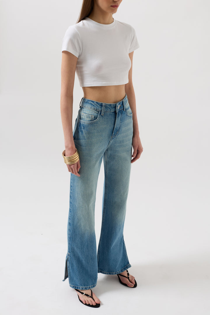 High Waist Blue Jeans with Leg Slits 