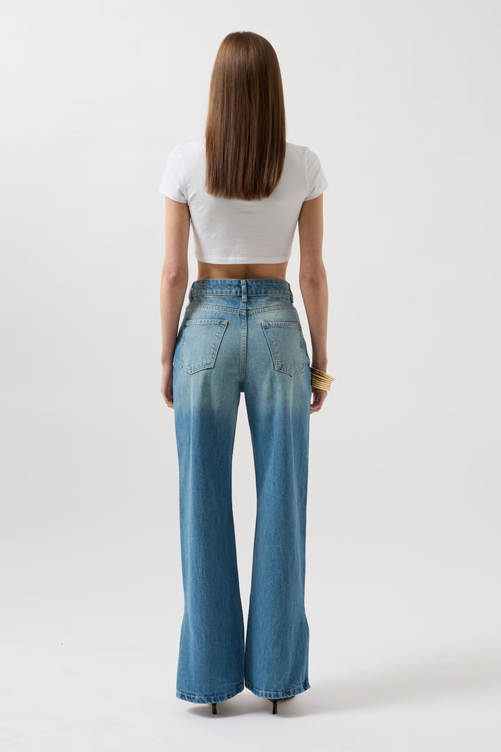 High Waist Blue Jeans with Leg Slits 