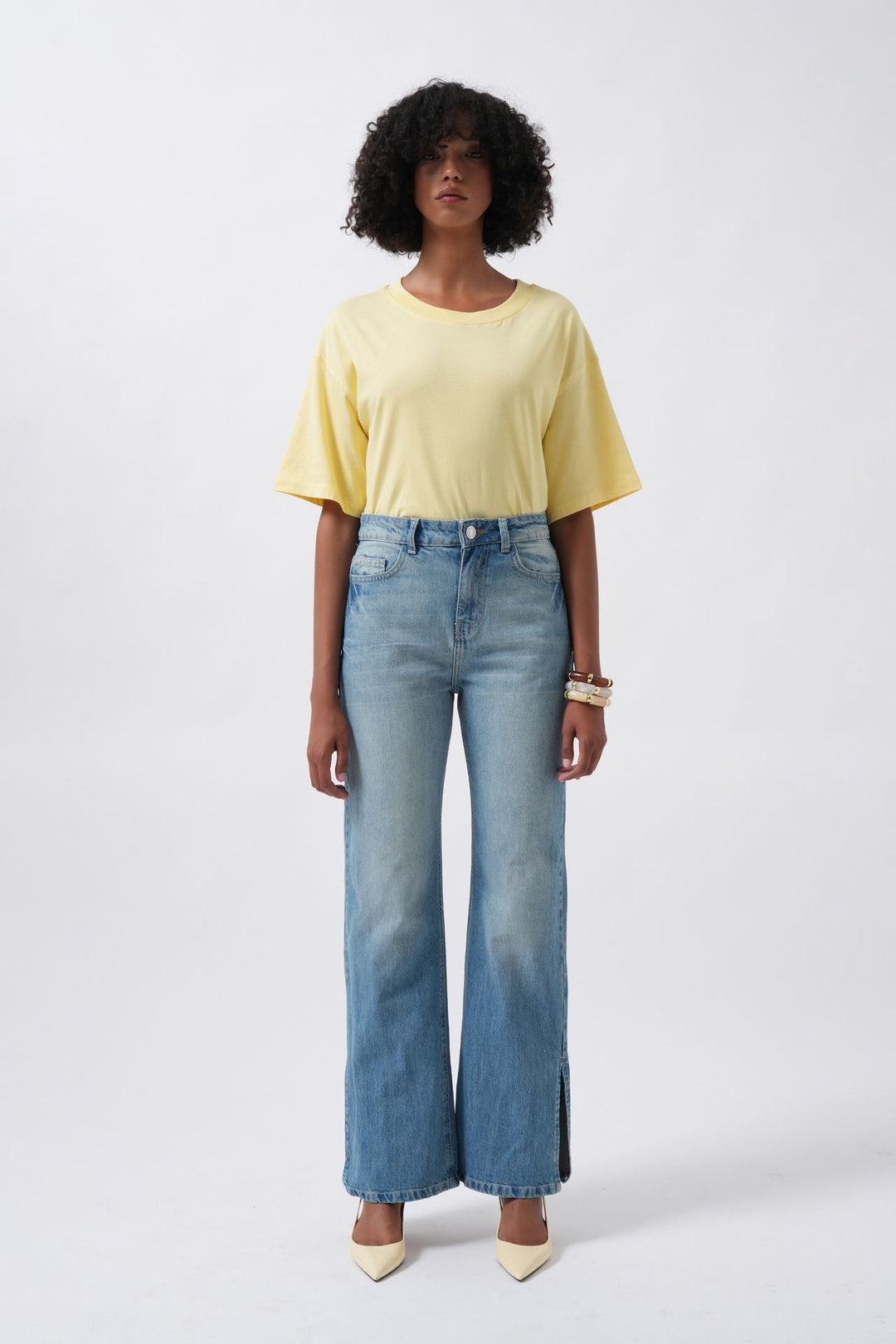 High Waist Blue Jeans with Leg Slits 