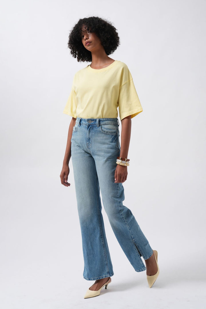 High Waist Blue Jeans with Leg Slits 