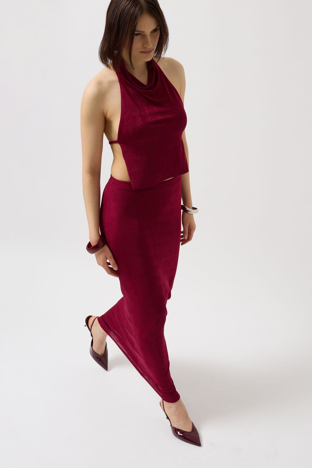 Shiny Fabric Maxi Burgundy Skirt 