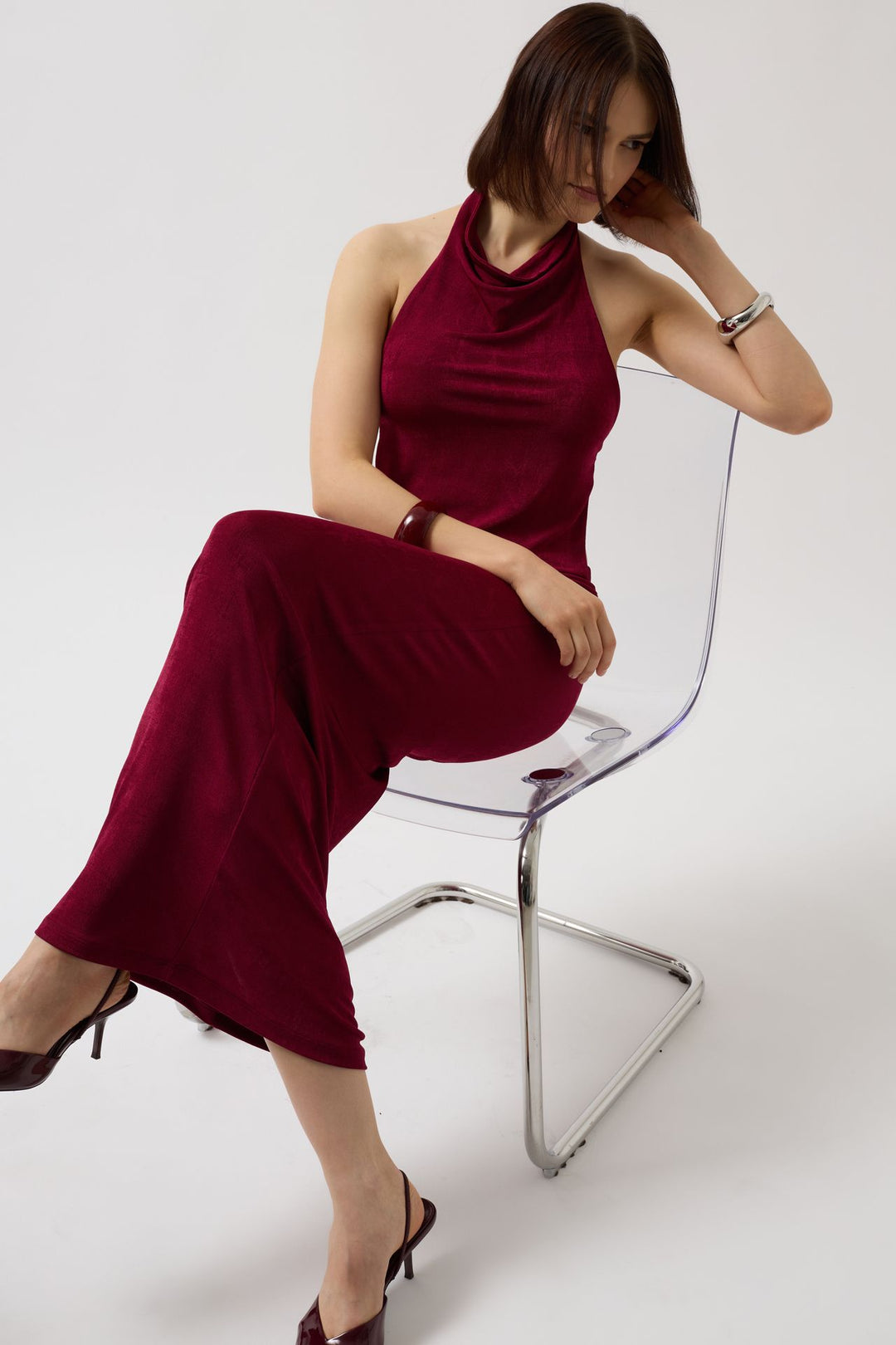 Shiny Fabric Maxi Burgundy Skirt 