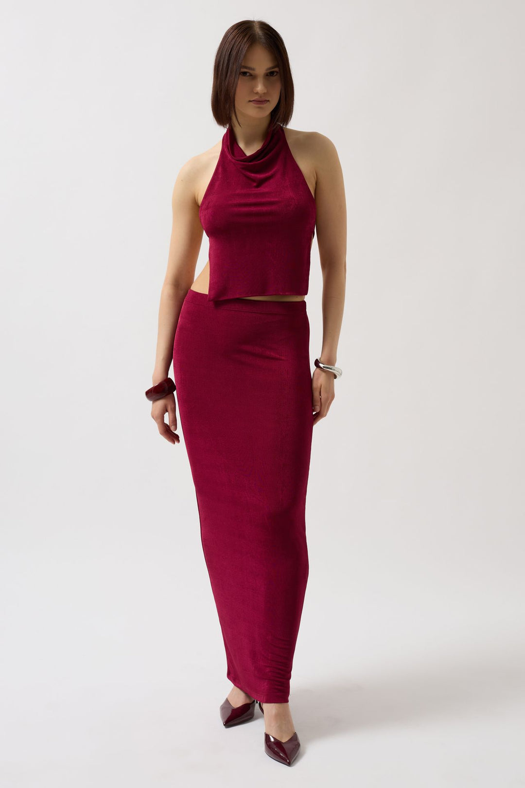 Shiny Fabric Maxi Burgundy Skirt 