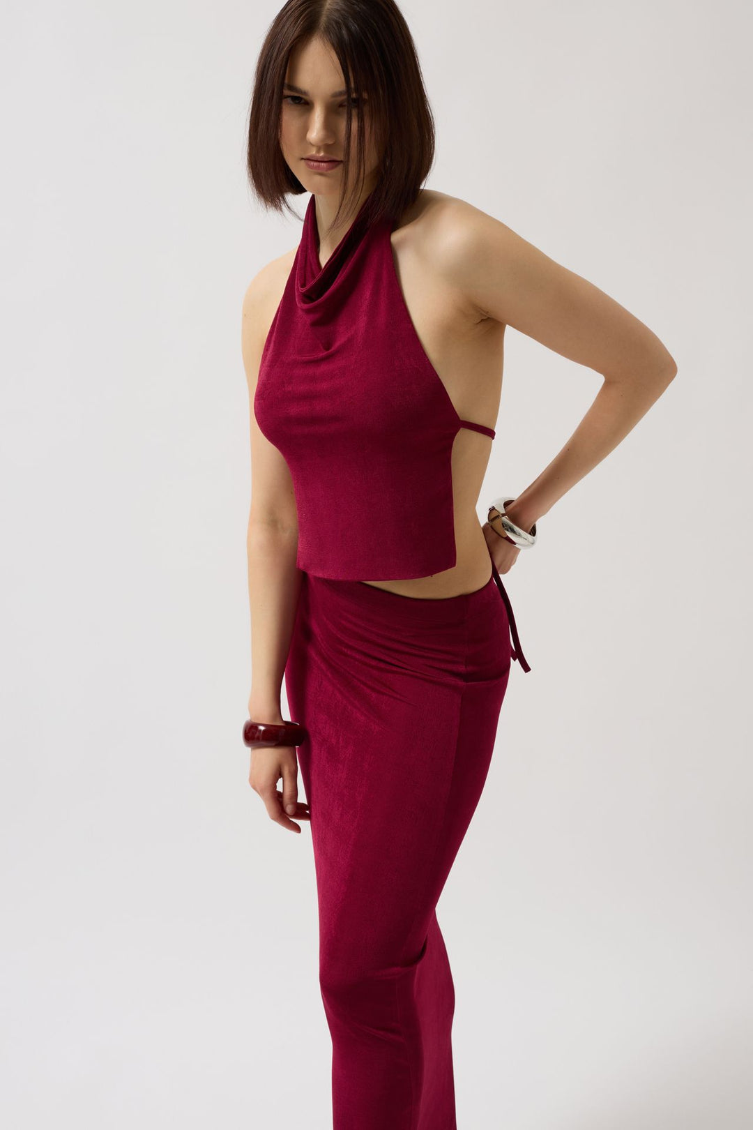 Shiny Fabric Maxi Burgundy Skirt 