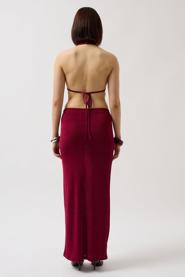Shiny Fabric Maxi Burgundy Skirt 