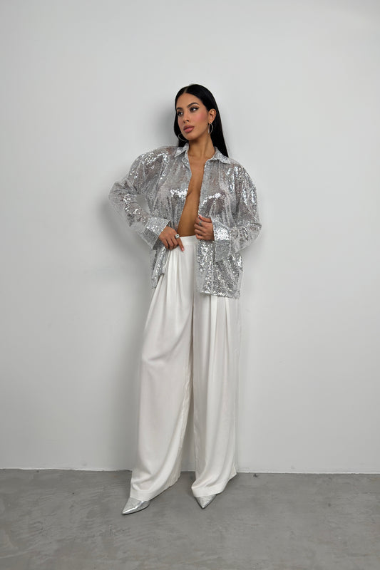 Sequined Silver Oversize Shirt 