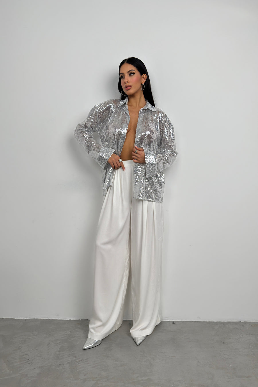 Sequined Silver Oversize Shirt 