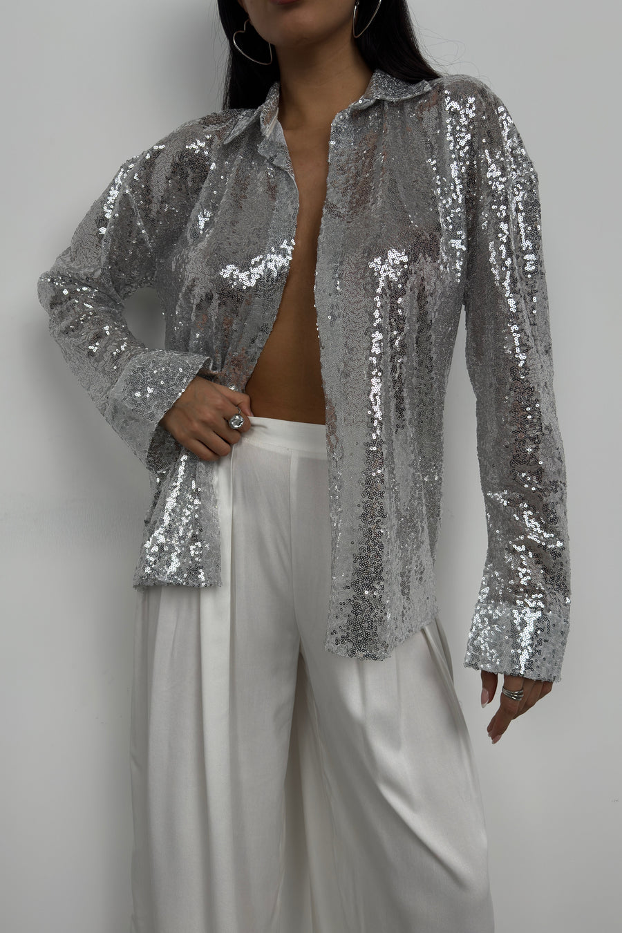 Sequined Silver Oversize Shirt 