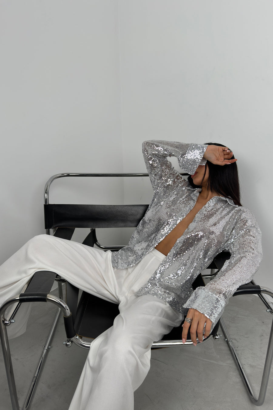 Sequined Silver Oversize Shirt 