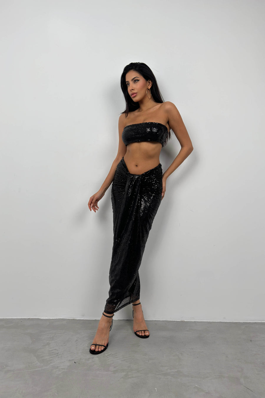 Sequined Strapless Black Crop Skirt Set 