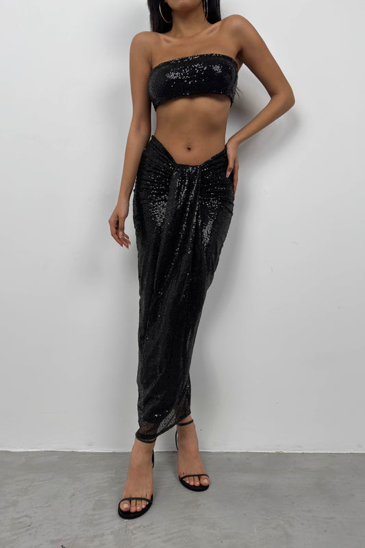 Sequined Strapless Black Crop Skirt Set 