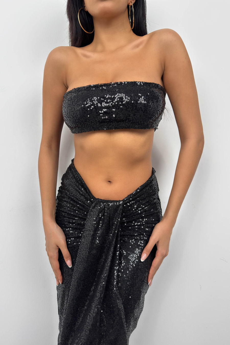 Sequined Strapless Black Crop Skirt Set 