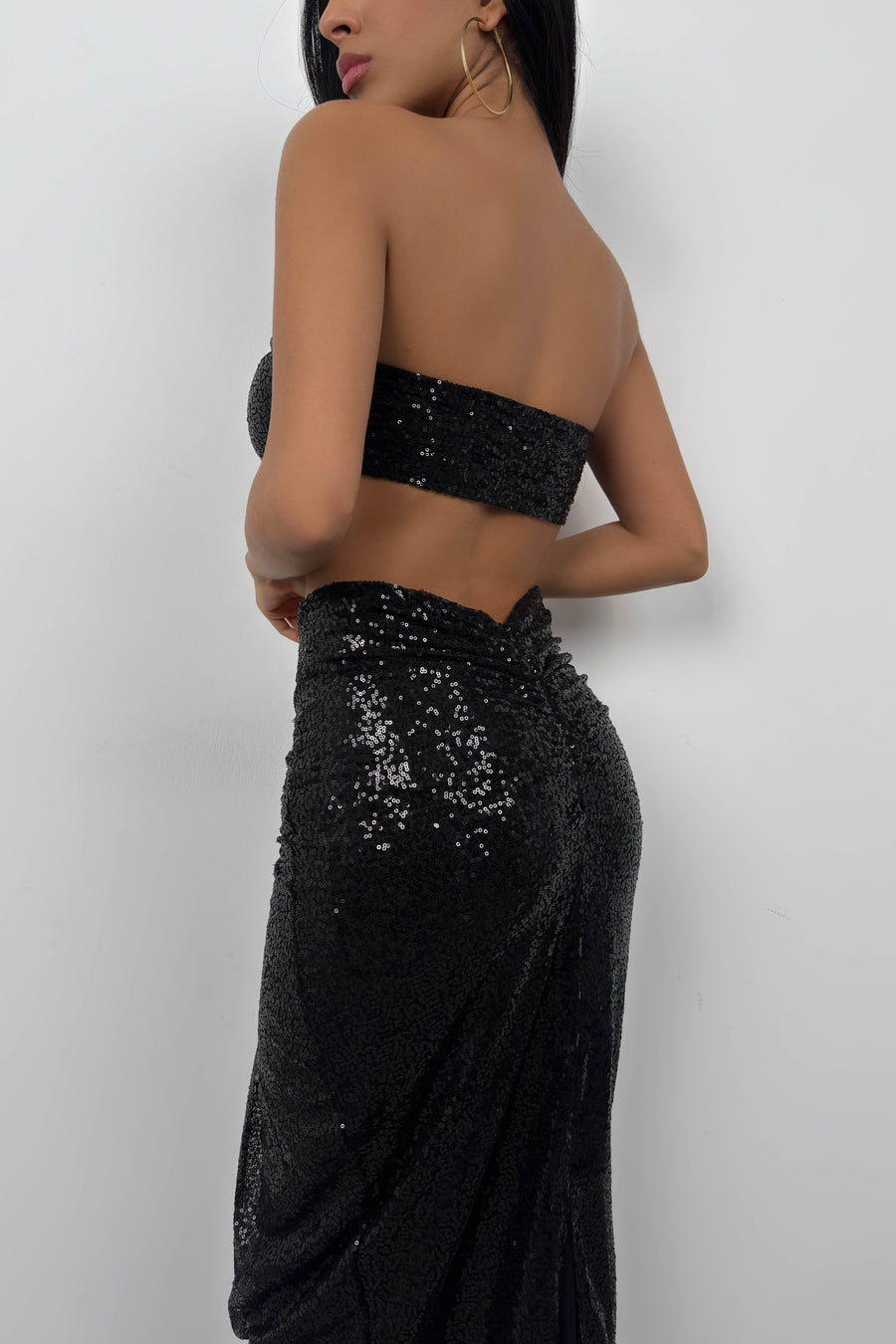 Sequined Strapless Black Crop Skirt Set 