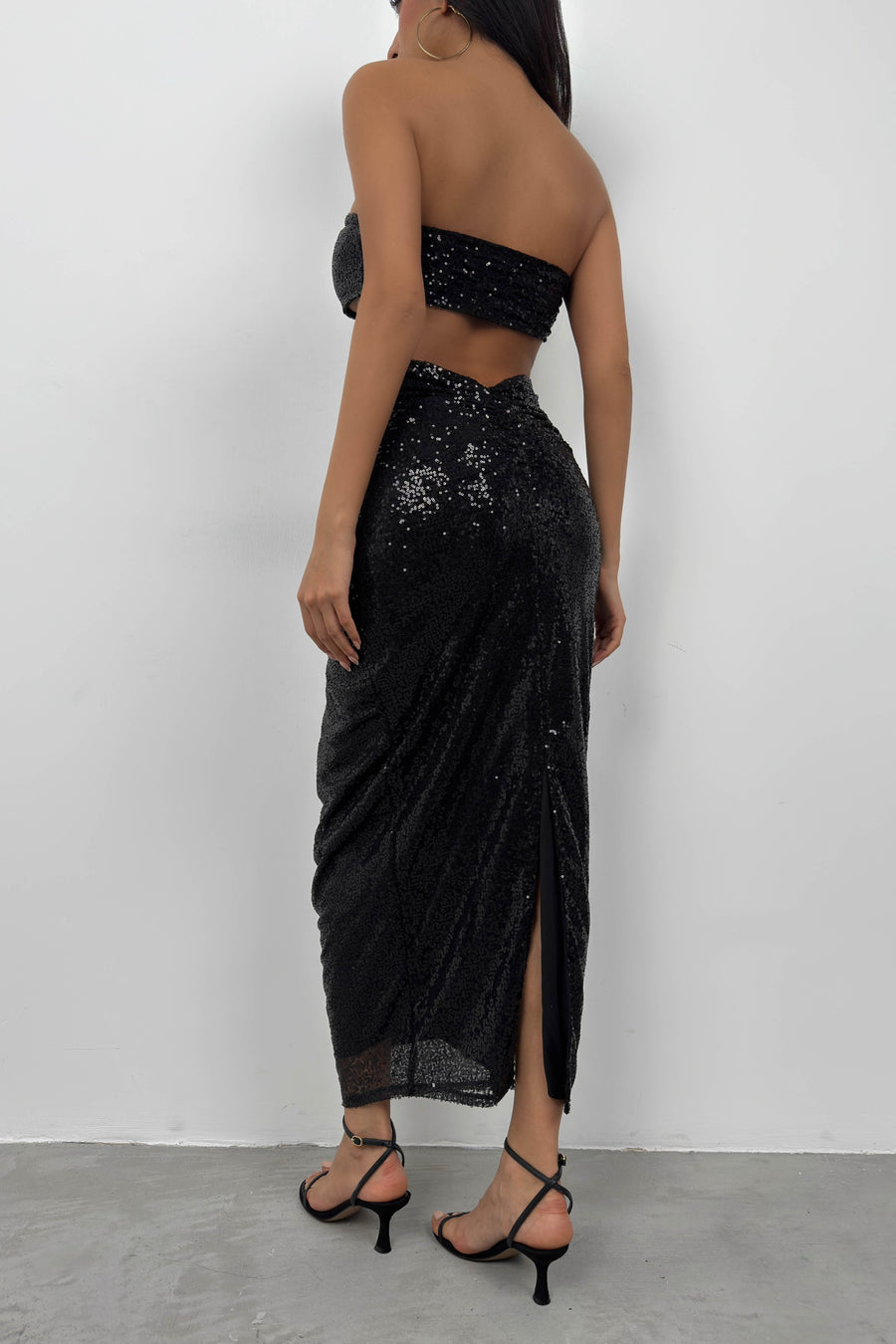 Sequined Strapless Black Crop Skirt Set 