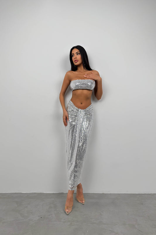 Sequined Strapless Silver Crop Skirt Set 