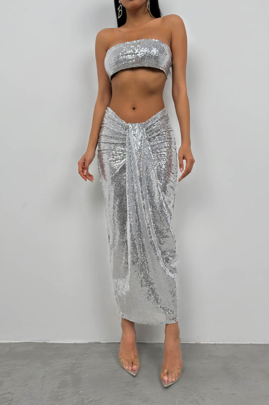 Sequined Strapless Silver Crop Skirt Set 