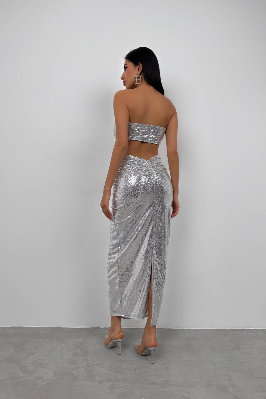 Sequined Strapless Silver Crop Skirt Set 