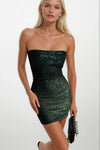 Payetli Yeşil Straplez Mini Elbise
