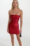 Payetli Kırmızı Straplez Mini Elbise