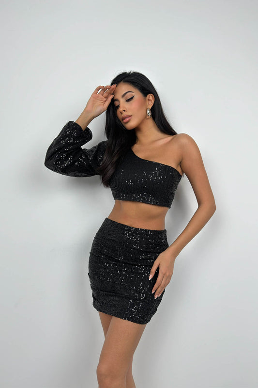 Sequined One Shoulder Blouse Black Mini Skirt Set 