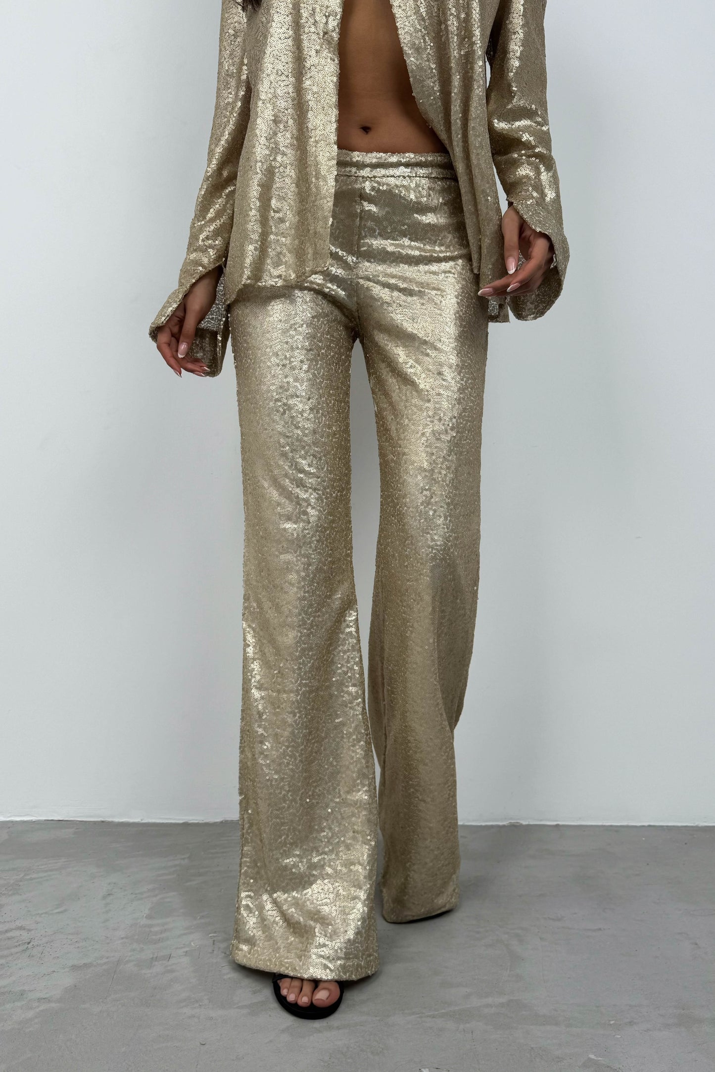 Payetli Wide Leg Gold Pantolon