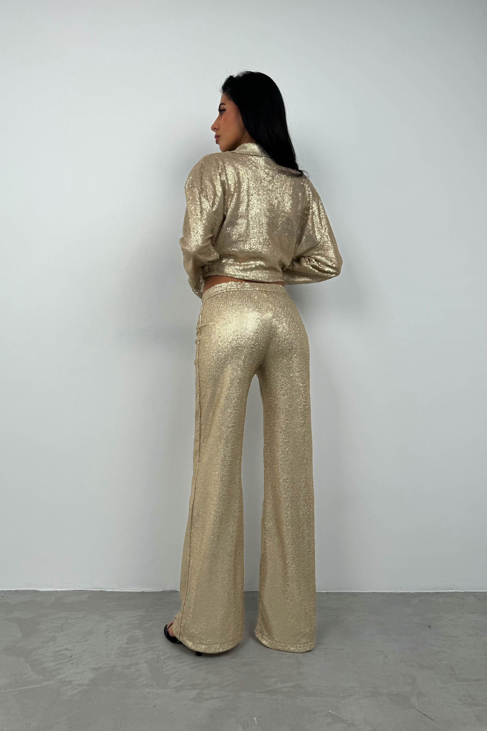 Payetli Wide Leg Gold Pantolon