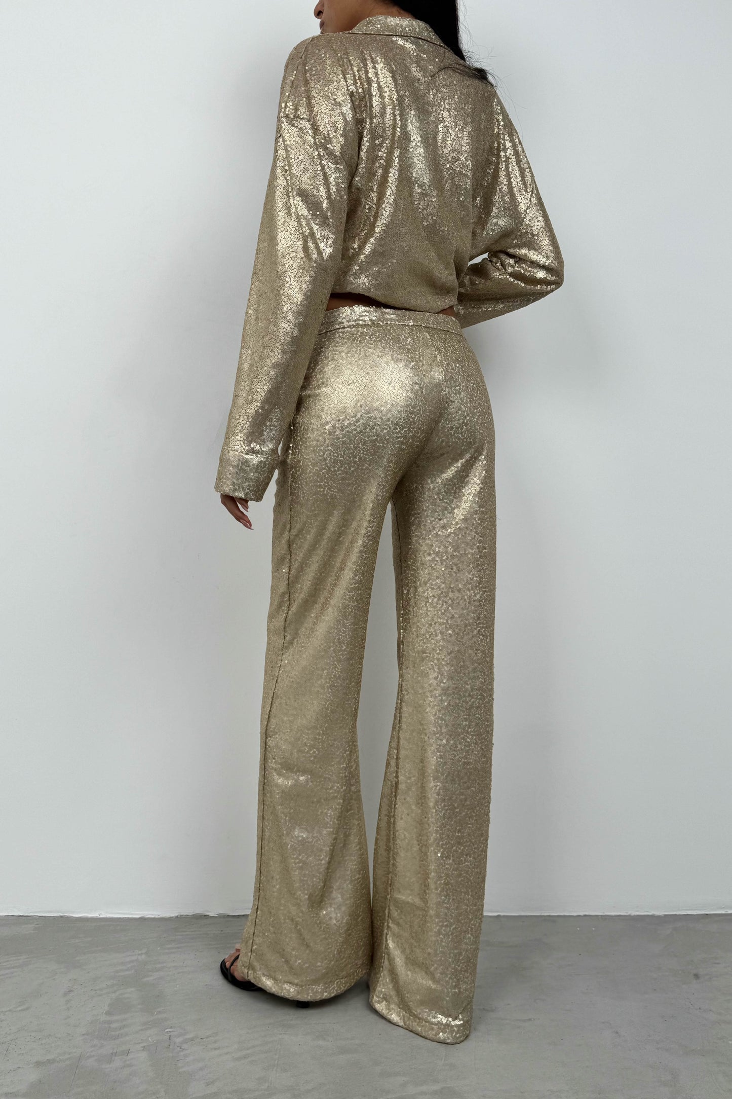 Payetli Wide Leg Gold Pantolon