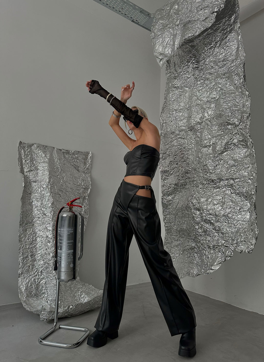 Black Leather Trousers with Window Detail Belt 