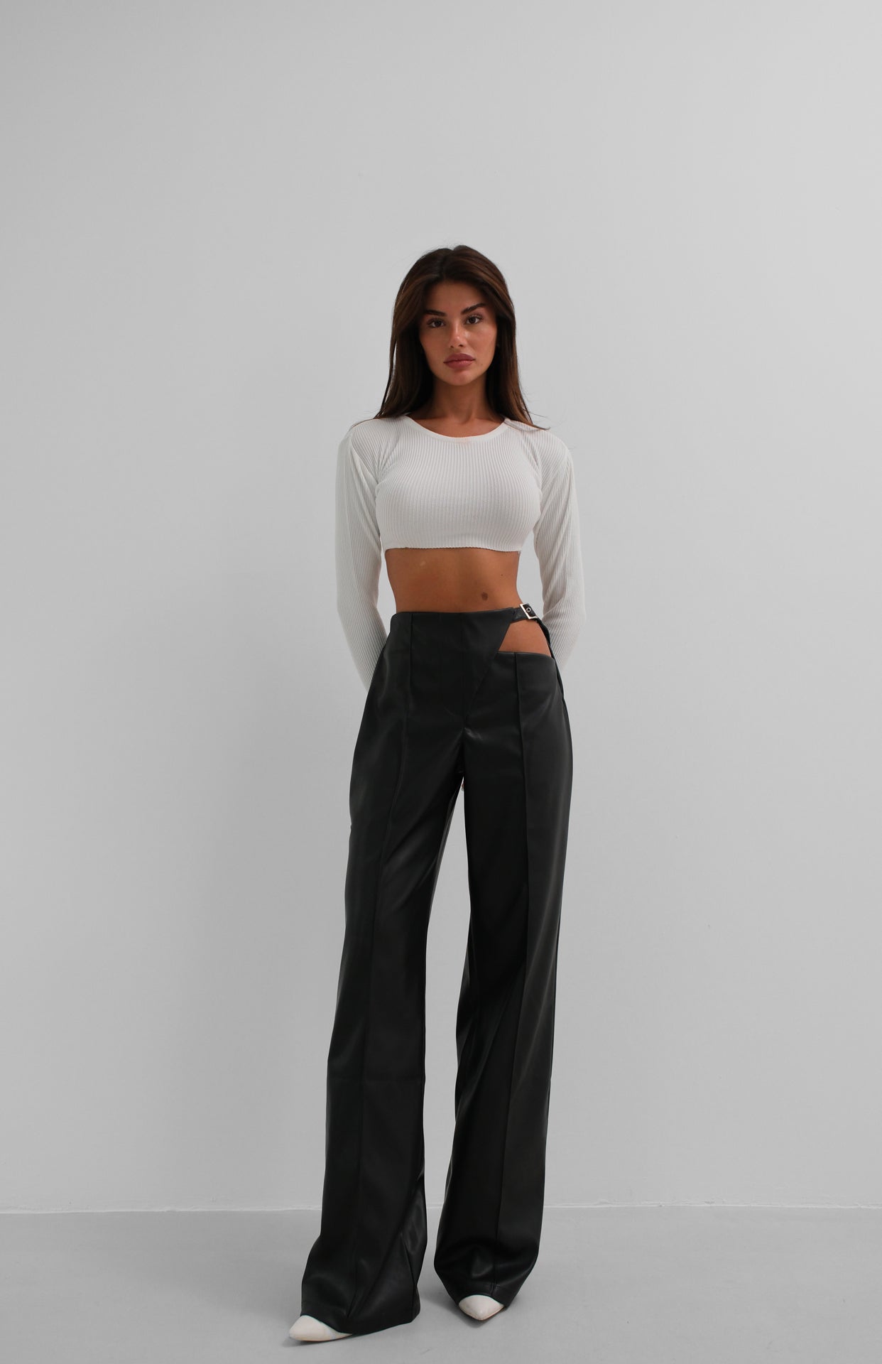 Black Leather Trousers with Window Detail Belt 